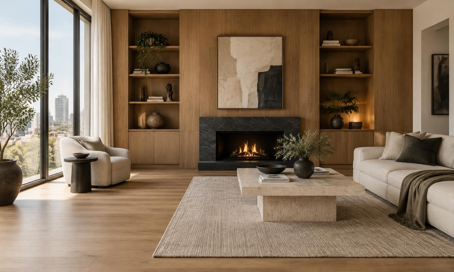 Warm contemporary interior with floor-to-ceiling oak joinery, designed by Heta