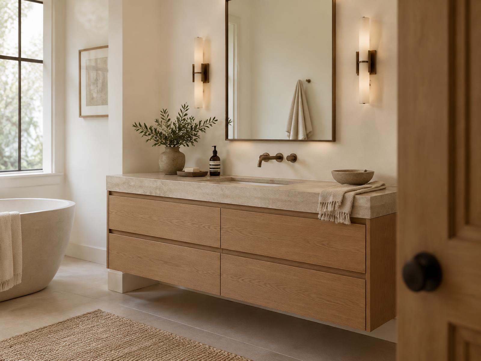 A finished timber vanity in a calm interior
