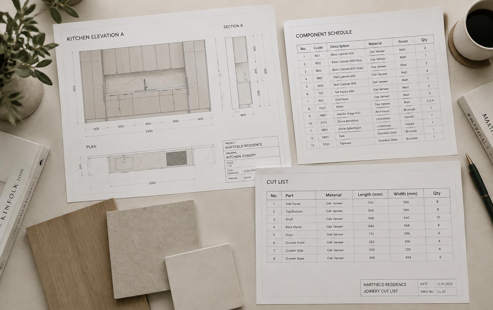 Illustrative drawing sheets, schedules and material samples
